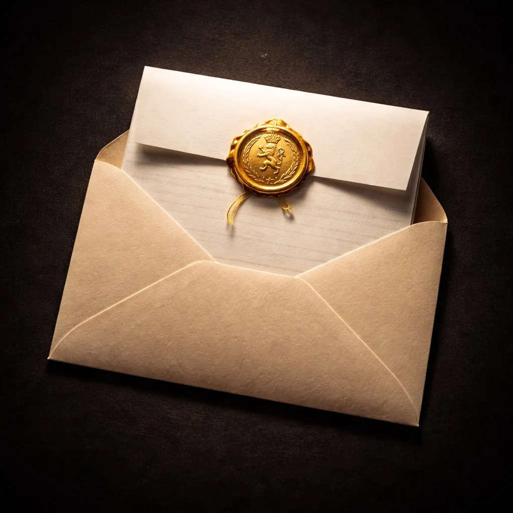 Envelop met gouden lakzegel als symbool voor de terugkeer van de Belgische frank