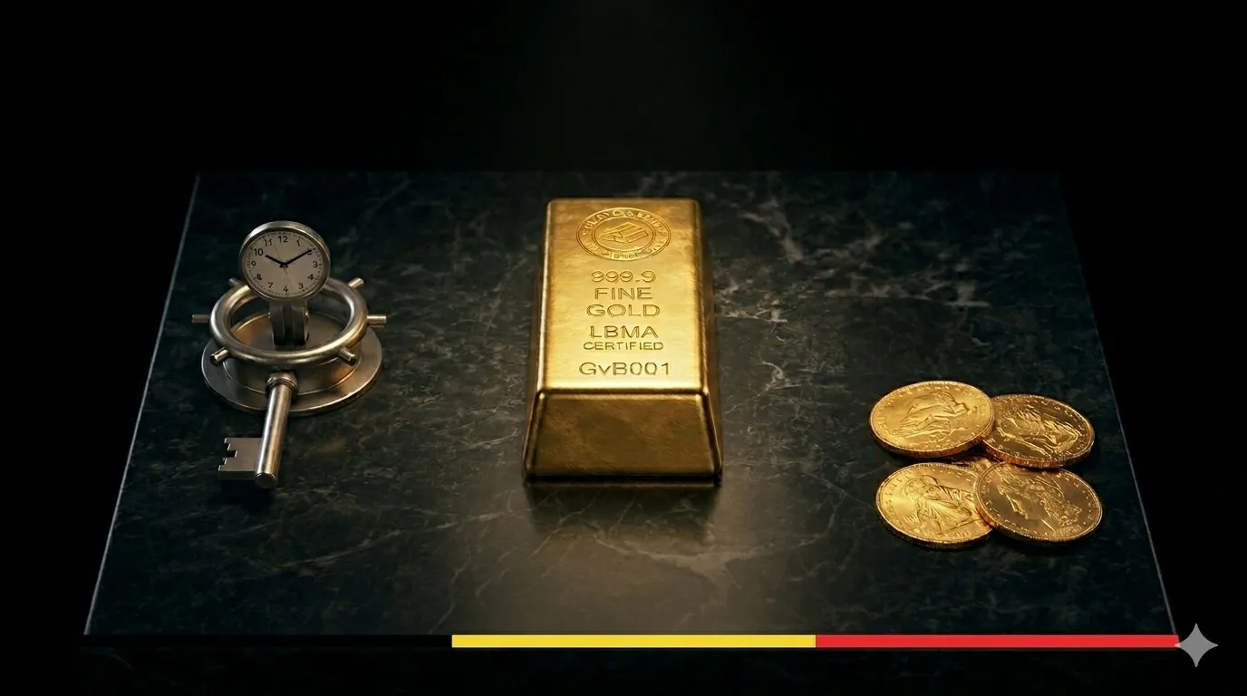 Lingot d’or avec drapeau belge et pièces d’or, symbole de la réserve d’or belge