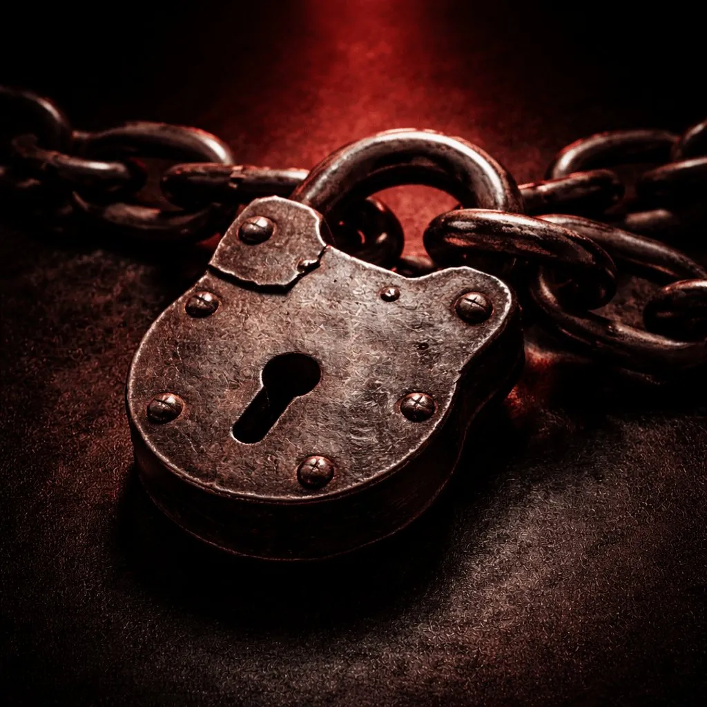 Vieux cadenas avec chaîne sous une lumière rouge