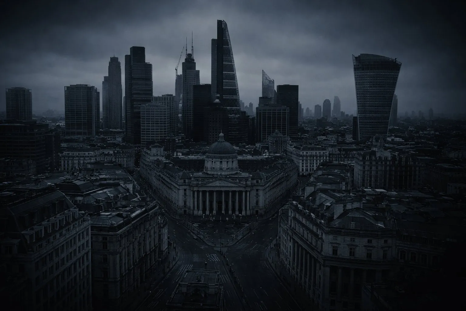 Skyline van de Londense City bij schemering