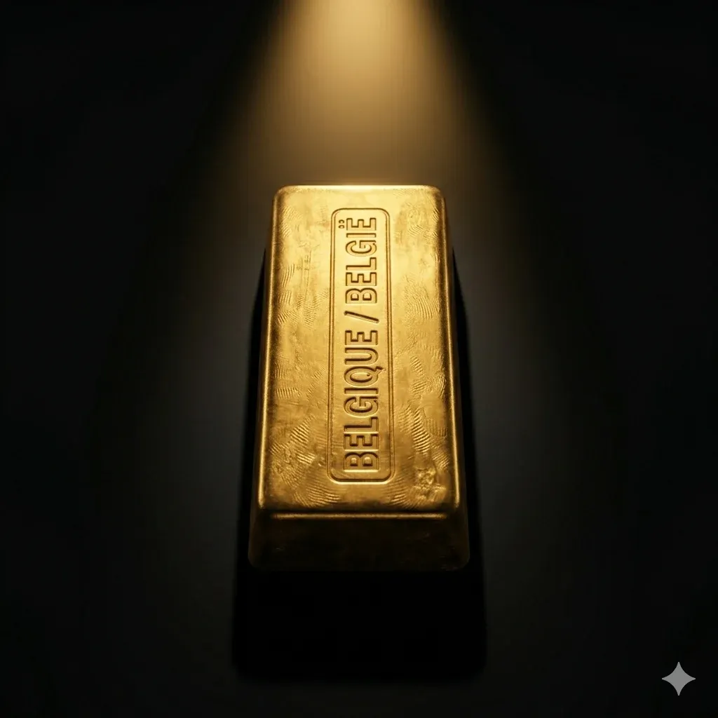 Lingot d’or marqué Belgique dans un faisceau de lumière