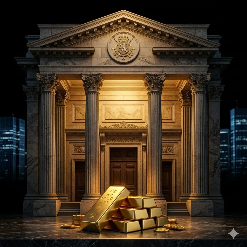 Klassiek bankgebouw met goudstaven, symbool voor de goudvoorraden van Nederland en Duitsland