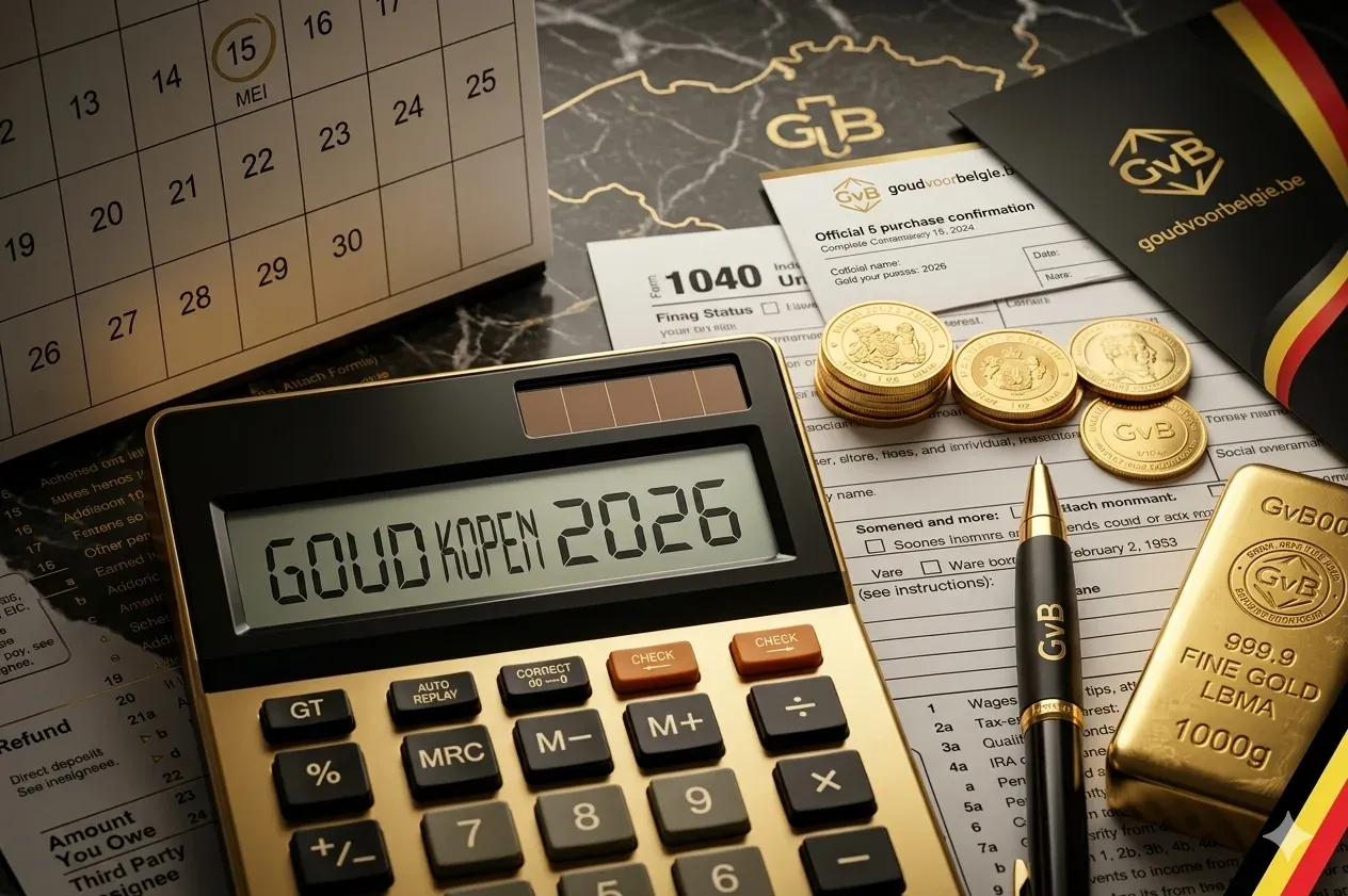 Calculatrice avec pièces d’or et documents fiscaux